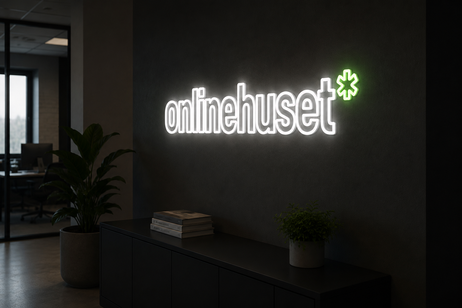 Onlinehuset neonskilt i receptionen